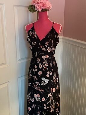 Lush Black Floral Wrap Dress Spaghetti Halter Strap and Modesty Snap, sz Medium